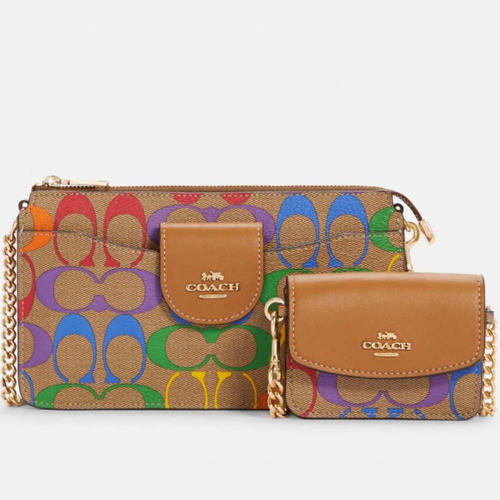 Coach Poppy Crossbody In Rainbow Signature Canvas Textile Leather Double purse - Picture 6 of 11
